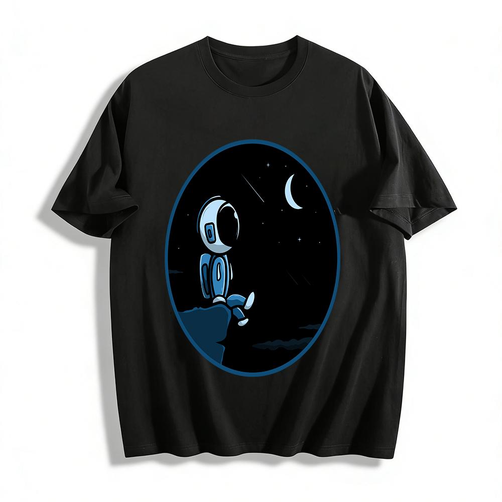 

Astronaut Gazing at Moon Print Casual Tee Space Theme Loose Top Pure cotton T-shirt XXS