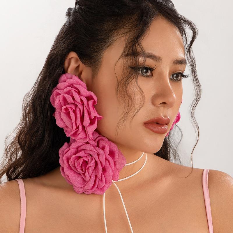 Exaggerated Big Rose Flower Earrings for Women Vintage Elegant Fabric Florals Ear Stud Earring Summer Holiday Beach Jewelry