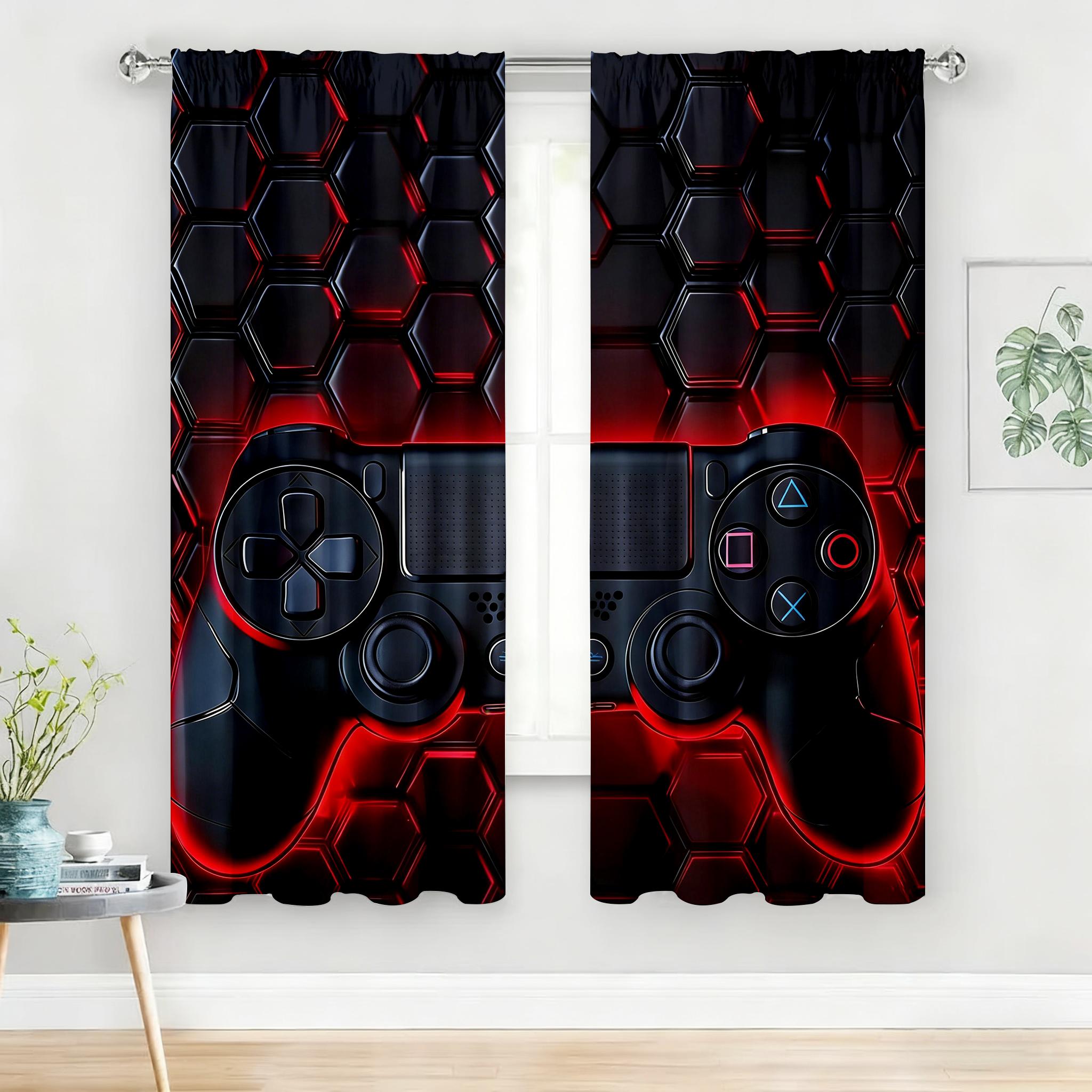 

2PC Red & Black Gaming Controller Curtains - Futuristic Honeycomb Print Window Drapes for Boys Bedroom Game Room Decor 24x59in(60x150CM)x2&Rod Pocket