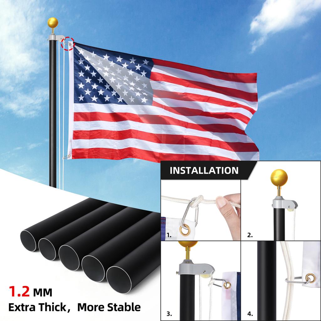 25FT Aluminum Alloy Flag Poles Extra Thick Rustproof Flagpole Kit with 360° Rotating Rings Clip for Yard Residential Commercial