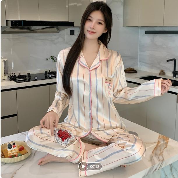 Spring Summer Purple Striped Pajamas Set for Women Sleepwear Long Sleeve Button Top and Long Pants Set Homewear Loungewear