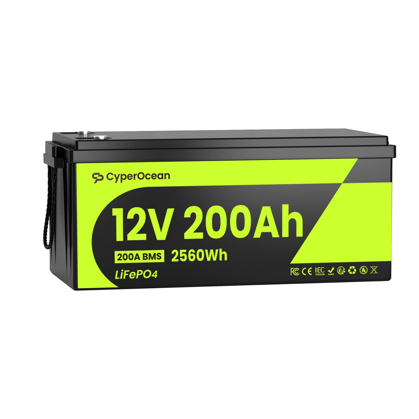 Cyperocean 12V 200Ah LiFePO4 Batterie 2560Wh 200A BMS 6000+ Ladezyklen Erweiterbar bis zu 40,96kWh – Für Wohnmobile, Solaranlagen und Off-Grid-Nutzung grün