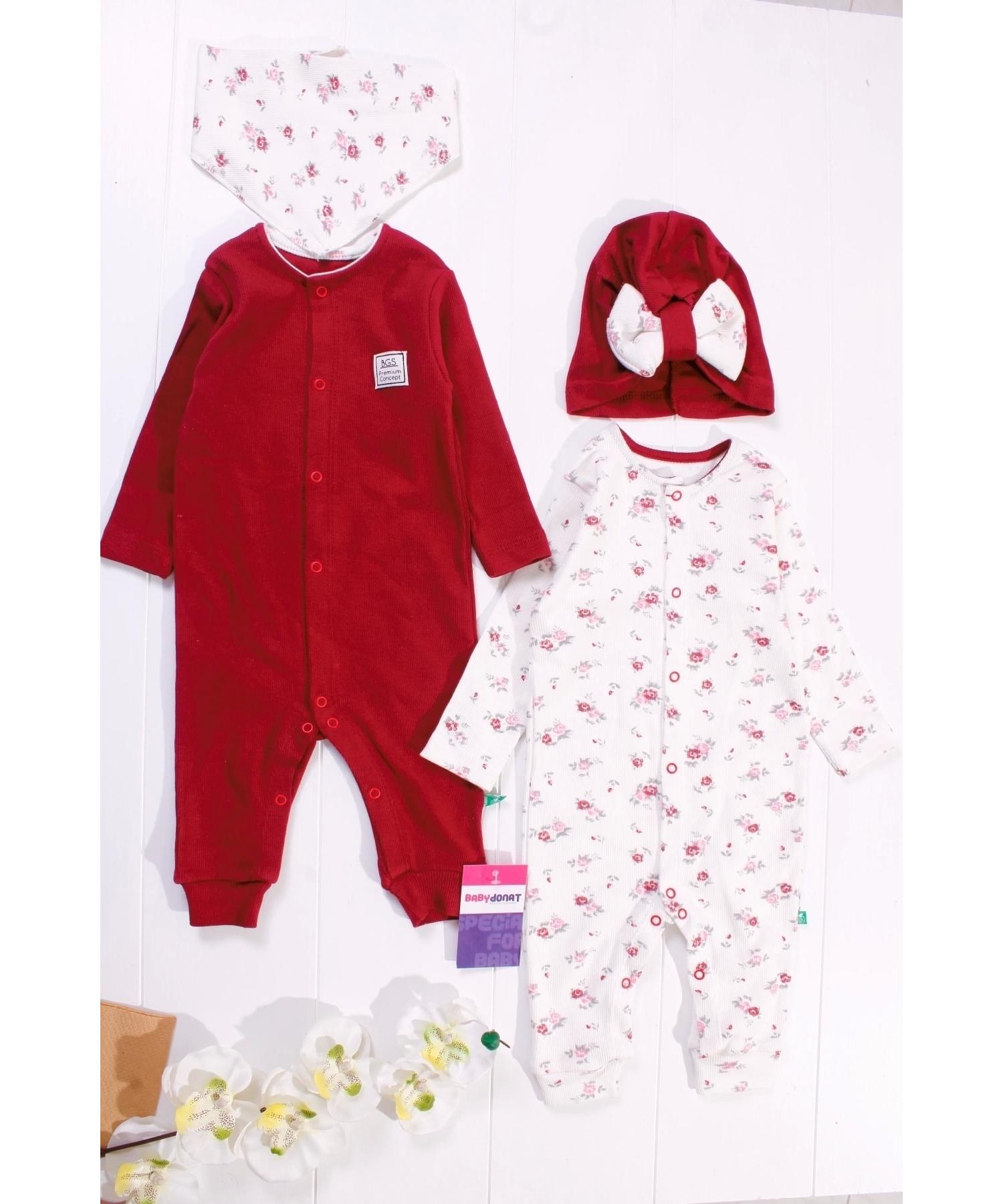 

Floral Patterned Embroidered Baby Girl 4-Piece Rompers Set