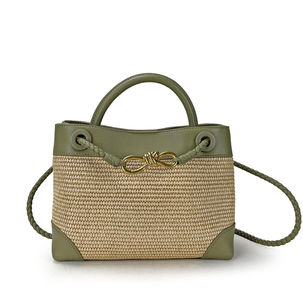 2026 New Eight Character Metal Bow Leather Splicing Lafite Grass Handmade Straw Single Shoulder Crossarm Handbag