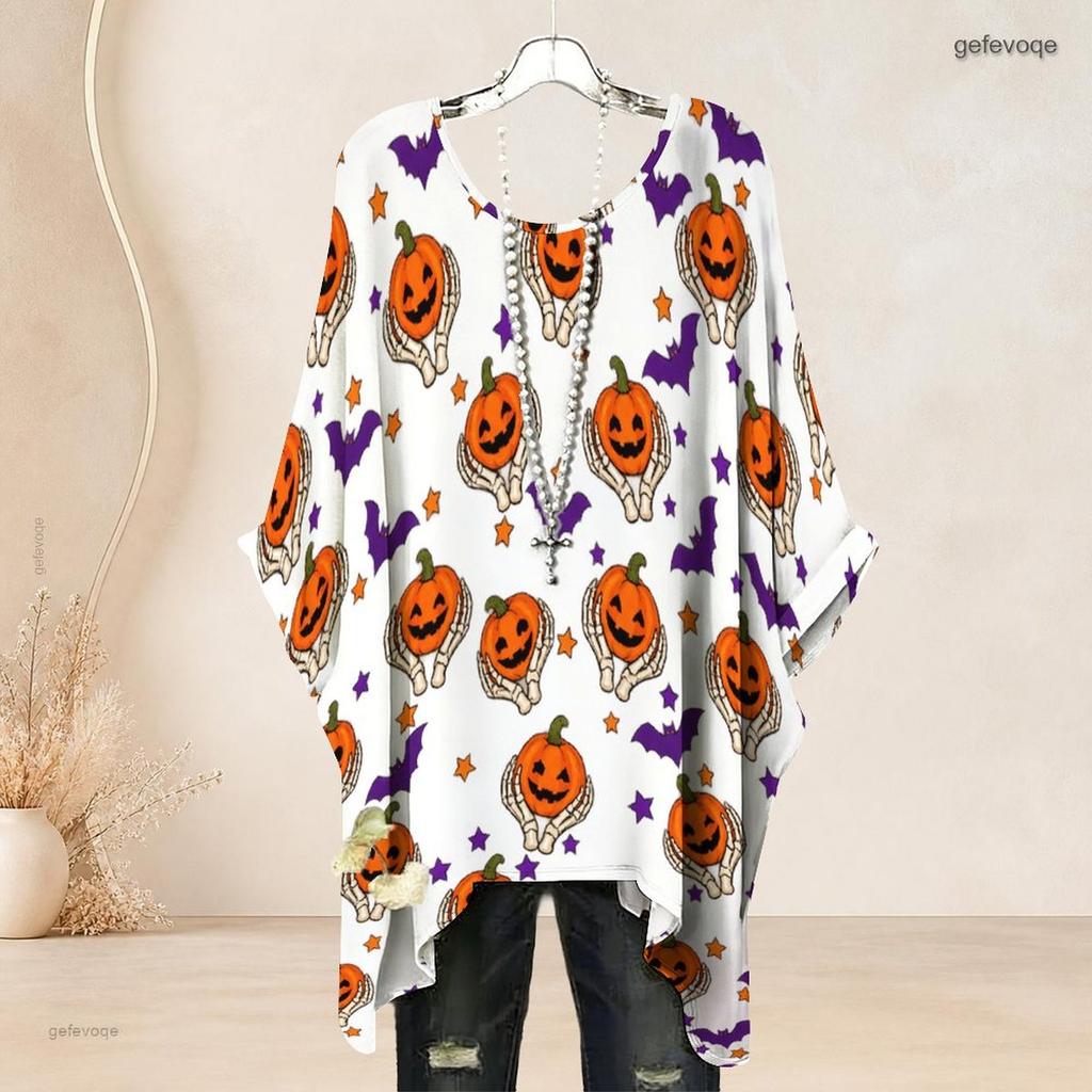 Women Plus Size Round Neck Batwing Sleeve Loose Halloween Printed White Top Side Slit Hem
