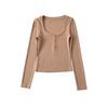 Women's Scoop Neck Button Down Long Sleeve Top Slim Fit Solid Casual T Shirt