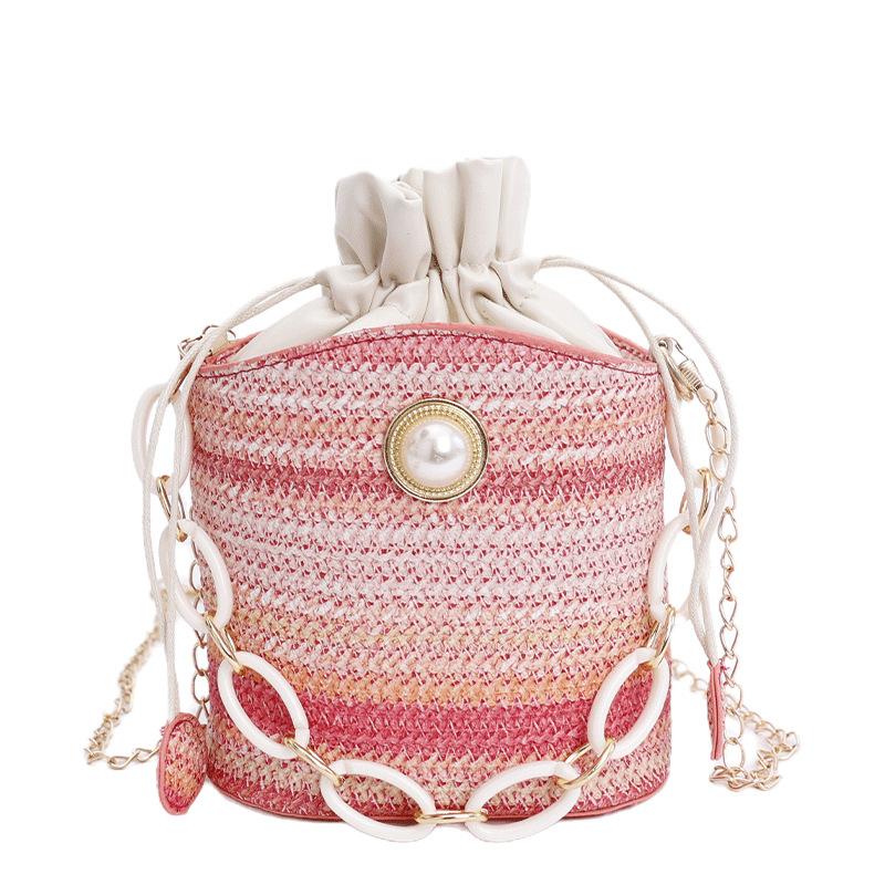 New pearl cute bucket bag diagonal span pearl straw bag cotton woven beach bag mini drawstring bag
