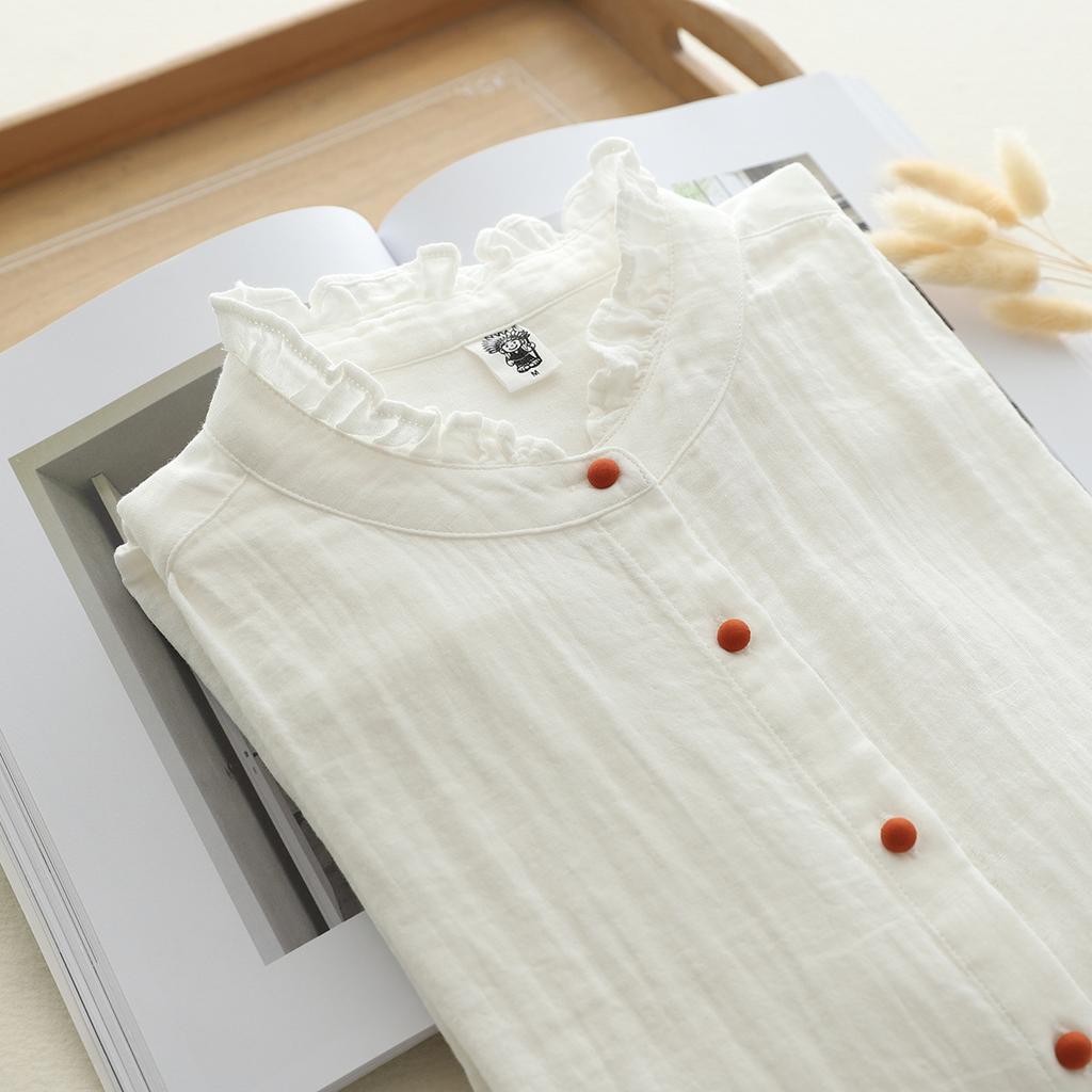 Koszule damskie białe z koronką i stójką, podwójna bawełniana przędza, bluzki z długim rękawem, kolorowe guziki, luźne bluzki damskie