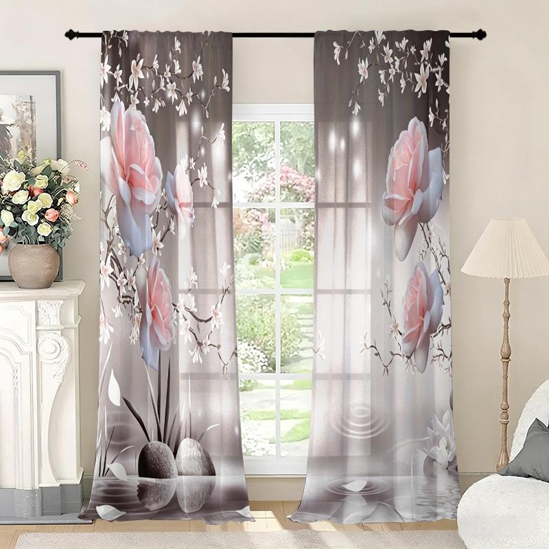 2Pcs Pink Grey Magnolia Floral Print Curtains, Polyester Rod Pocket Digital Print Semi-Transparent Curtains, Multi-Size Options