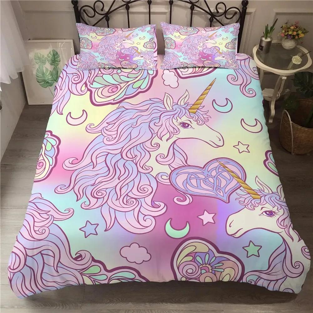 Cute Unicorn Duvet Cover Set Girly Pink Castle Bedding Set Single Twin Size For Princess Girl Dedicated Bedroom Decor Bedclothes