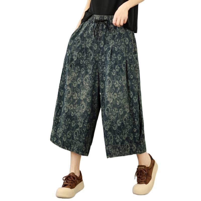 Nieuwe Plus Size Bloemen Jacquard Zacht Denim Wijde Pijp 7/8 Broek - Casual Zomer Mode