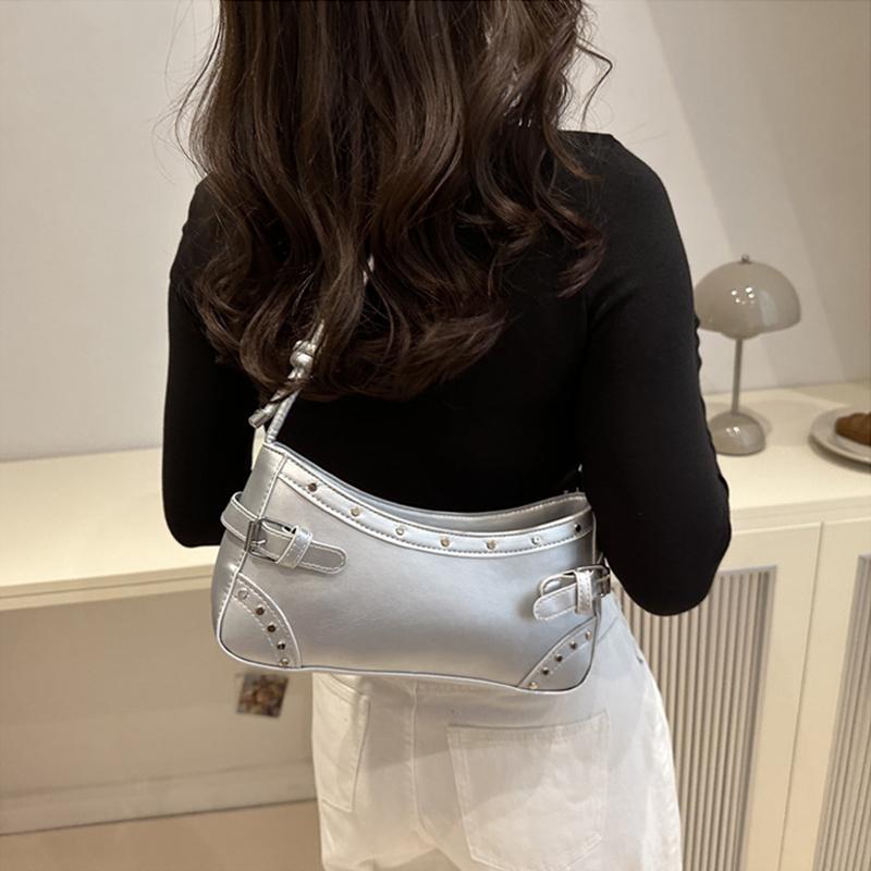Retro Studded Faux Leather Shoulder Bag with Buckle Detail, Multi-Color for Daily Use Shopping Dating, Commuting and Short Trips