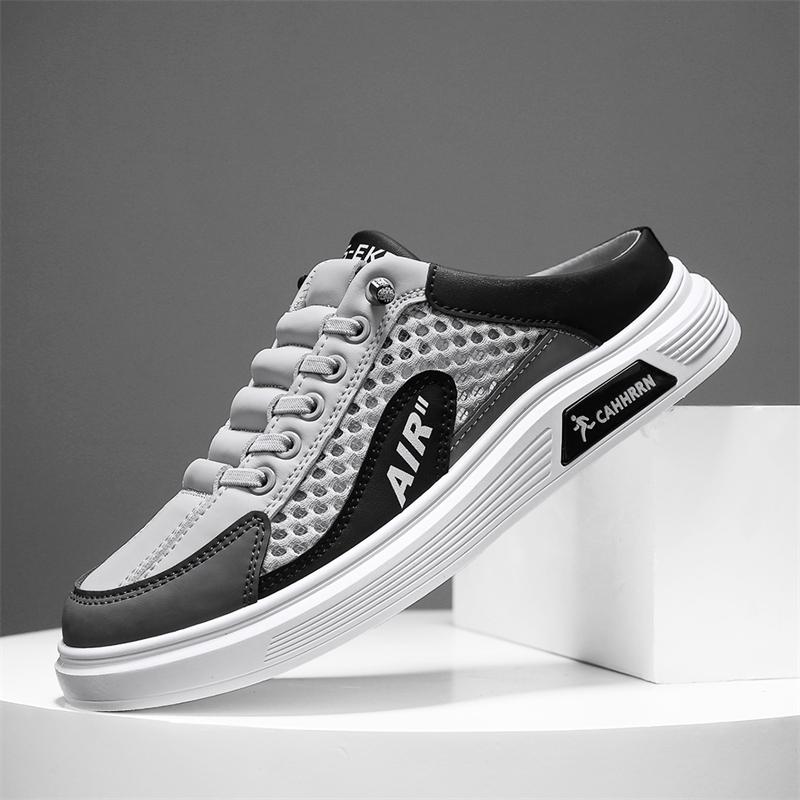 Summer New Men's Casual Sports Shoes Lace-Up Mesh Breathable Flat Sole One-Step Walking Shoes Large Size Board Shoes