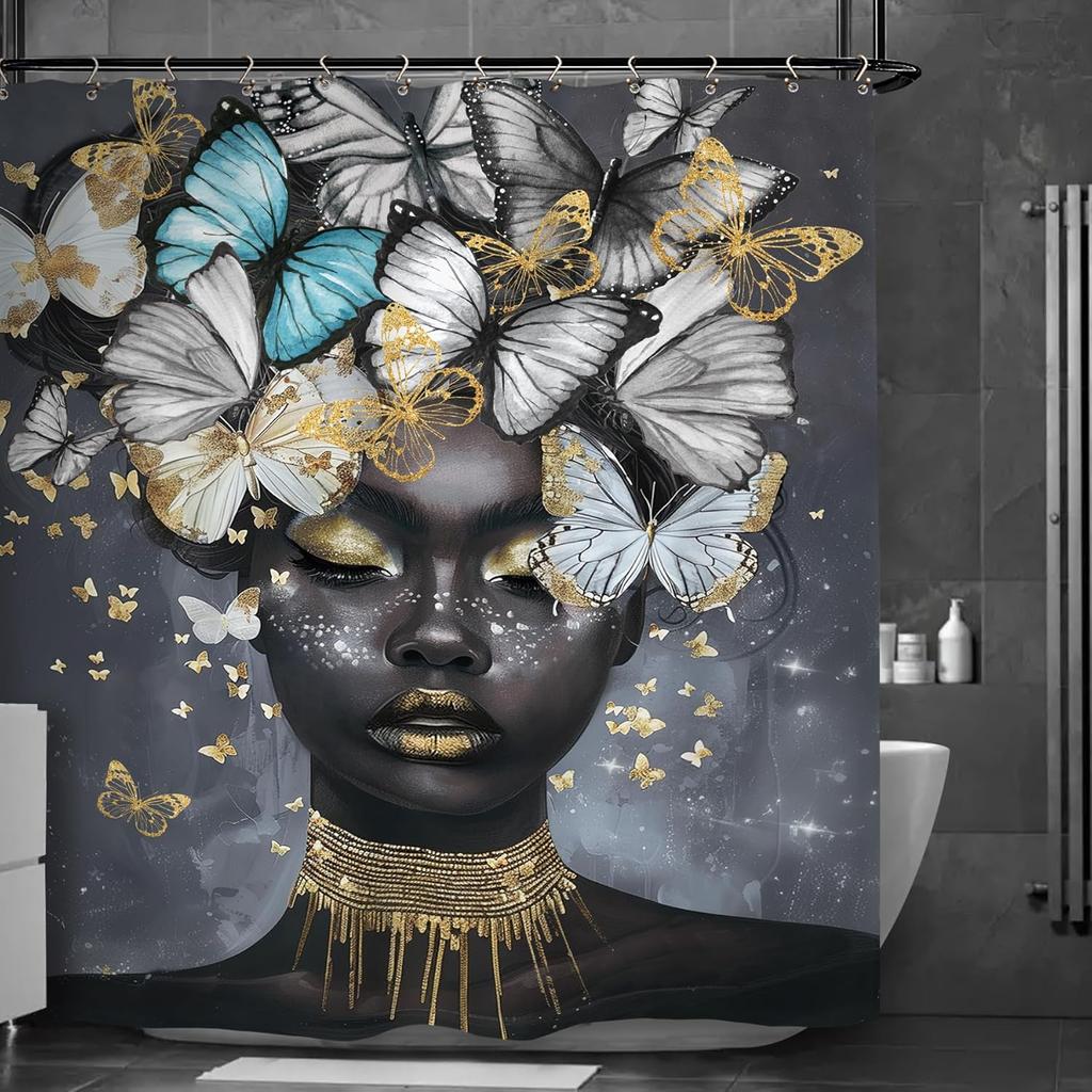 African American Olive Green Shower Curtain Black Girl Flower Oil Painting Art Bathroom Accessories Decoration with 12 Hooks