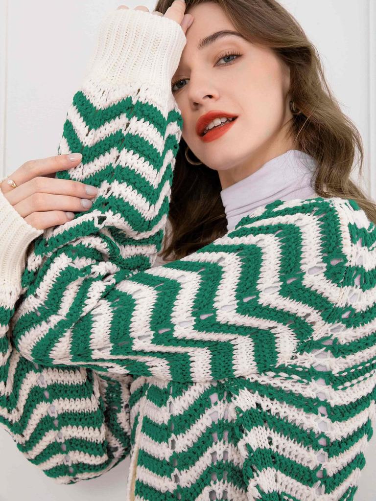 Women's Retro Striped V-Neck Button Knit Cardigan – Long Sleeve, Hollow Design for Autumn/Winter