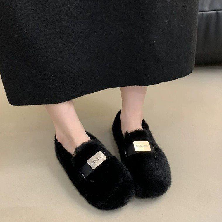 Mao Mao shoes women pedal new velvet cotton shoes flat autumn and winter Internet celebrities warm Korean version of Doudou shoes 2025 outer wear