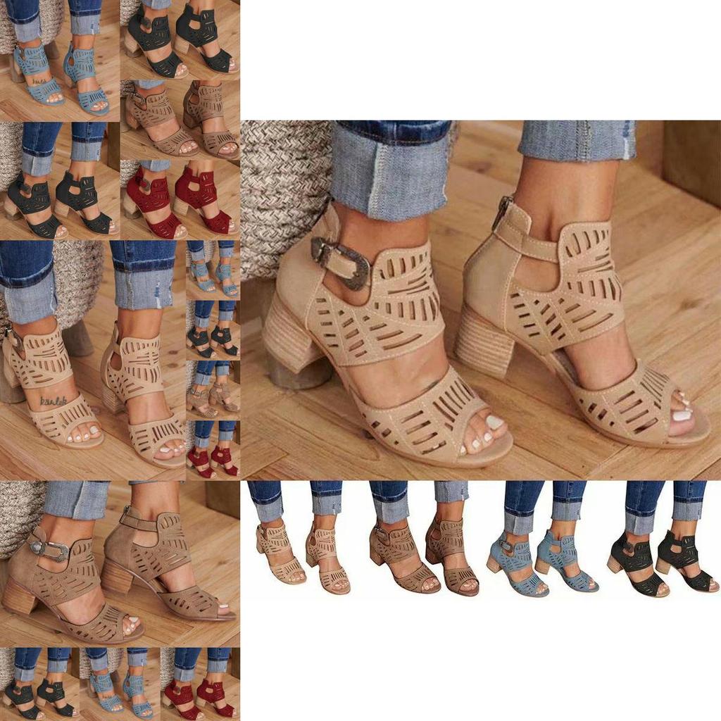Elegant Women Chunky Block Heels Sandals With Peep Toe And Ankle Strap Buckle