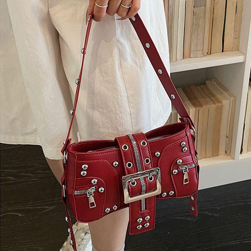 Yogodlns Borse a Spalla da Donna in PU Stile Punk con Borchie Moda Retro Y2k Stampa Leopardo Borsa Sottobraccio da Donna Design Raffinato con Cintura Borse Cool per Ragazze