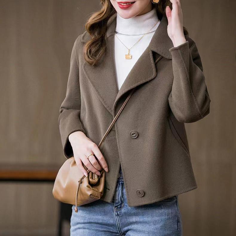 Women's Lapel Long Sleeve Blazer Short Wool Coat Slim Fit Single Breasted Solid Color Petite Fall Casual Outerwear Jacket