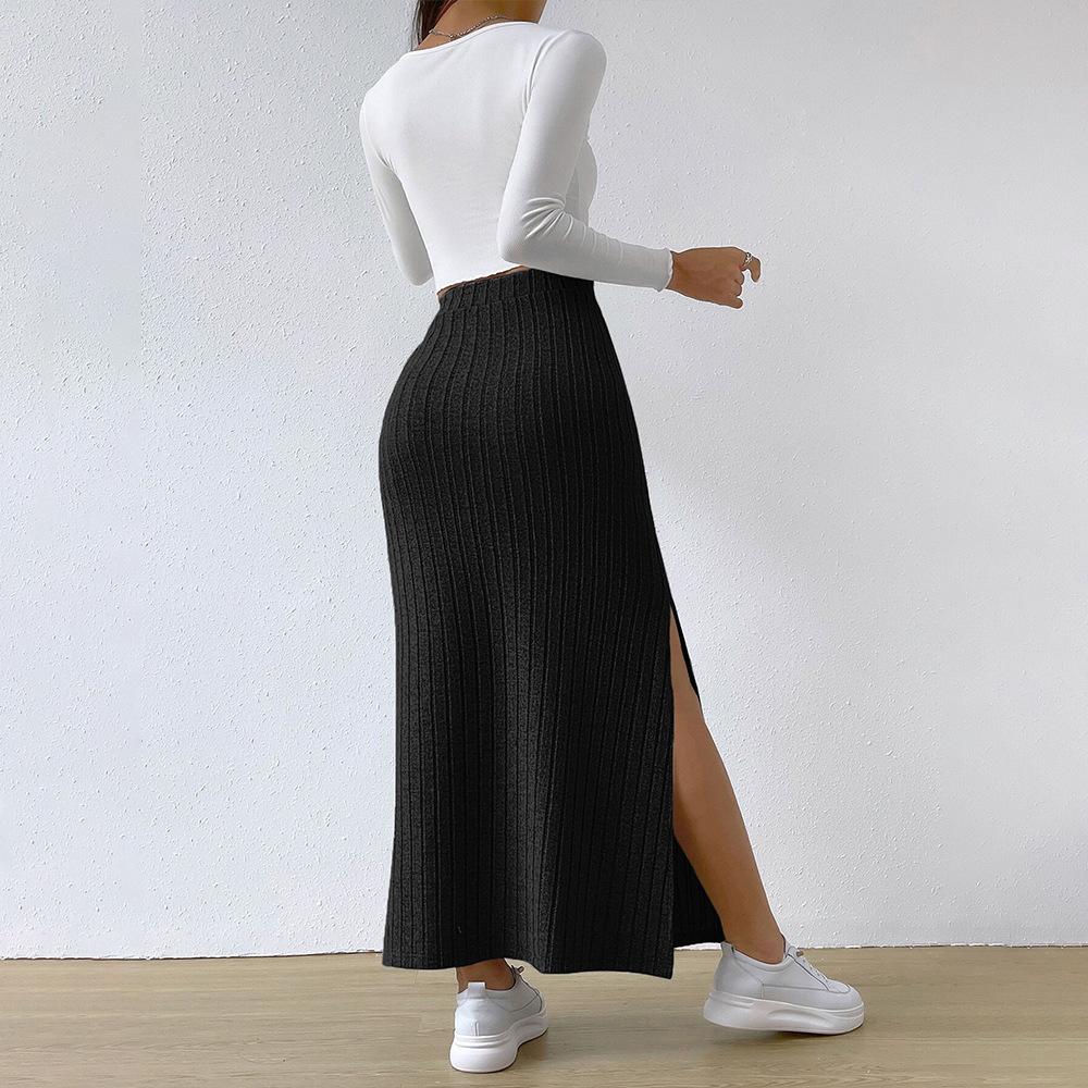 Fashionable Minimalist Women's Skirt, Spring/summer Grooved Strip A-line High-waisted Slit Long Skirt
