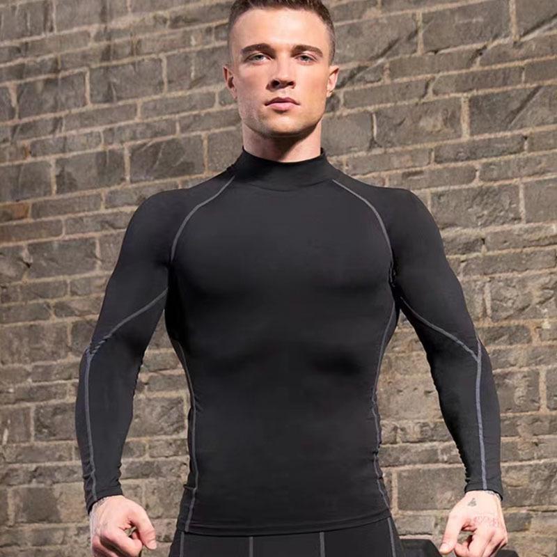 Men's High-Collar Basketball Training Tights - Long Sleeve, Plus Velvet, Warm, High Elastic, Quick-Drying.