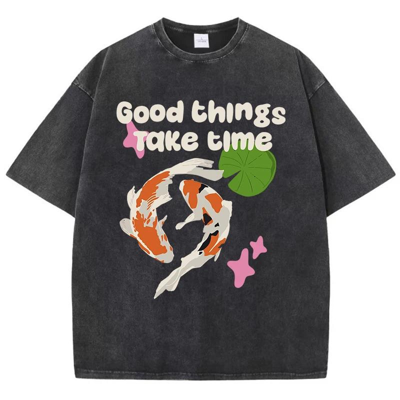 Good Things Take Time Cottonwashed T Shirts Womens Letter Printed T-Shirt Comfortable O-Neck Oversize Tops Street Woman Clothes S разноцветный