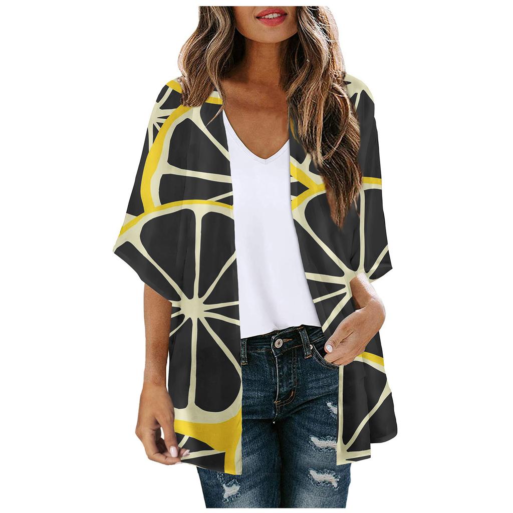 Women's Fashion Printed Seven-Part Sleeve Cardigan Loose Blouse Casual Blouse Top