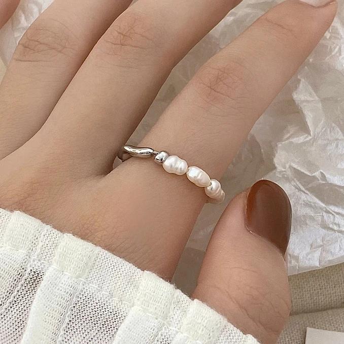 PONYKISS  Sterling Silver Freshwater Pearl Elastic Rope Rings for Women Trendy Round Fine  Minimalist Accessories