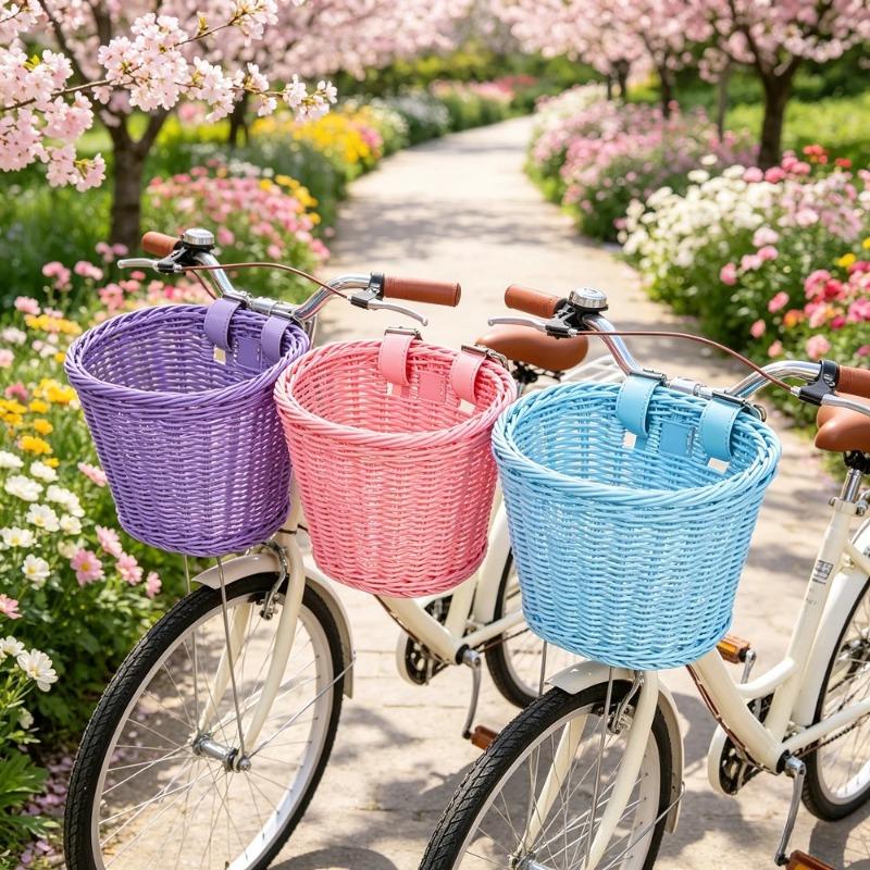 Children Bicycle Front Basket Imitation Woven Rattan Handlebar Storage Basket for Kids Bike Scooter Outdoor