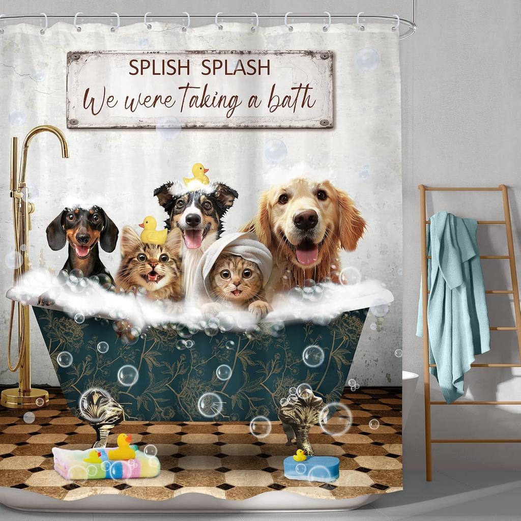 Kids Dog Shower Curtain Bathroom Set Funny Cat Dachshund Doggy Cute Lovely Rustic Animals In Bathtub for Boys Bath Accessories