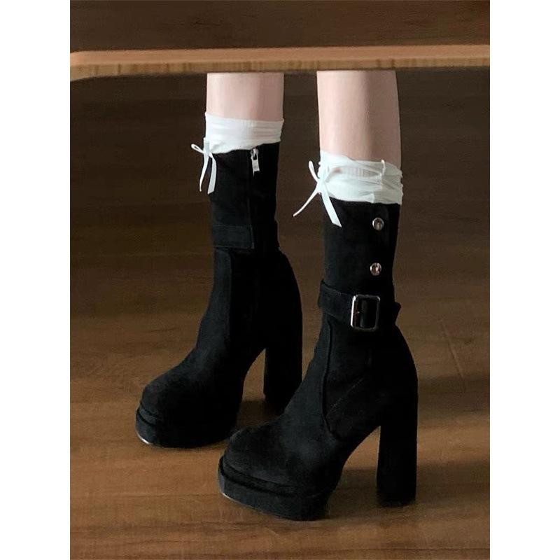Small Super High Heel Short Boots Premium Suede Thick Heel Skinny Martin Boots