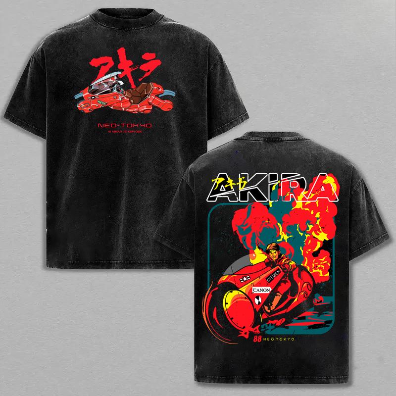 Manga Akira Graphic T Shirt Harajuku Vintage Washed T-Shirts Men Women Clothing Pure Cotton Short Sleeve Tees Tops