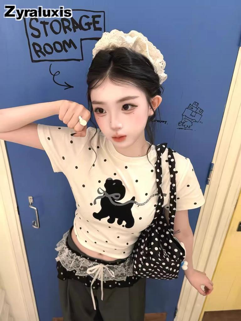 Summer Korean Retro White Polka Dot Cute Printed Small Dog Short Sleeve T-Shirt Women Slim Fit High Neck Top Trendy