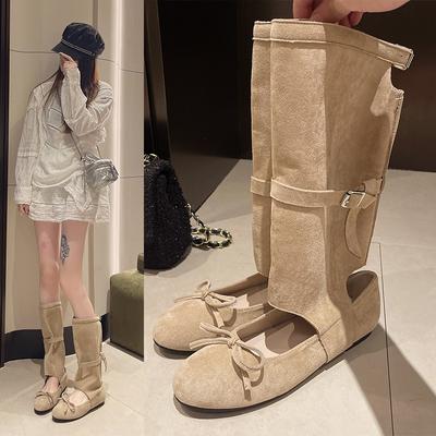 Fashion Suede Ballet Pumps Boots Bows Belt Buckle Round Toe Square Heels Slip-On Different Ways To Wear Fashion Elegant Sexy Women Shoes