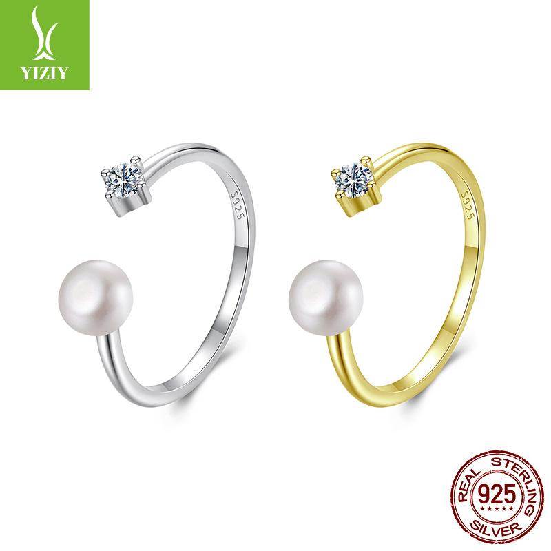 Natural Freshwater Pearl Mozzarella Diamond Ring, Simple Classic Temperament 925 Sterling Silver Open Ring Ring