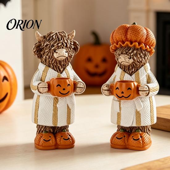 Spooky Seasonal Tiered Tray Decor Halloween Highland Cow Figurine, Resin Statue with Pumpkin Mug, Farmhouse Table Fall Tabletop for Home Kitchen Shelf