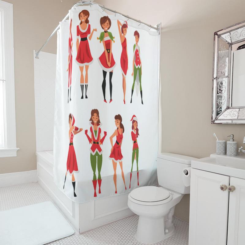 TU Christmas Shower Curtain Festive Holiday Decor Red Santa Girl Pattern Bathroom Decor Waterproof Fabric Home Textile Wall Hang