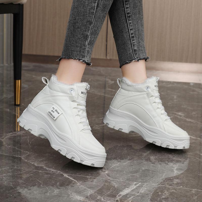 Adidași sport albi mici îngroșați cu fleece pentru femei, iarnă, noi, pantofi de damă versatili pentru studenți, pantofi de tată, pantofi din bumbac