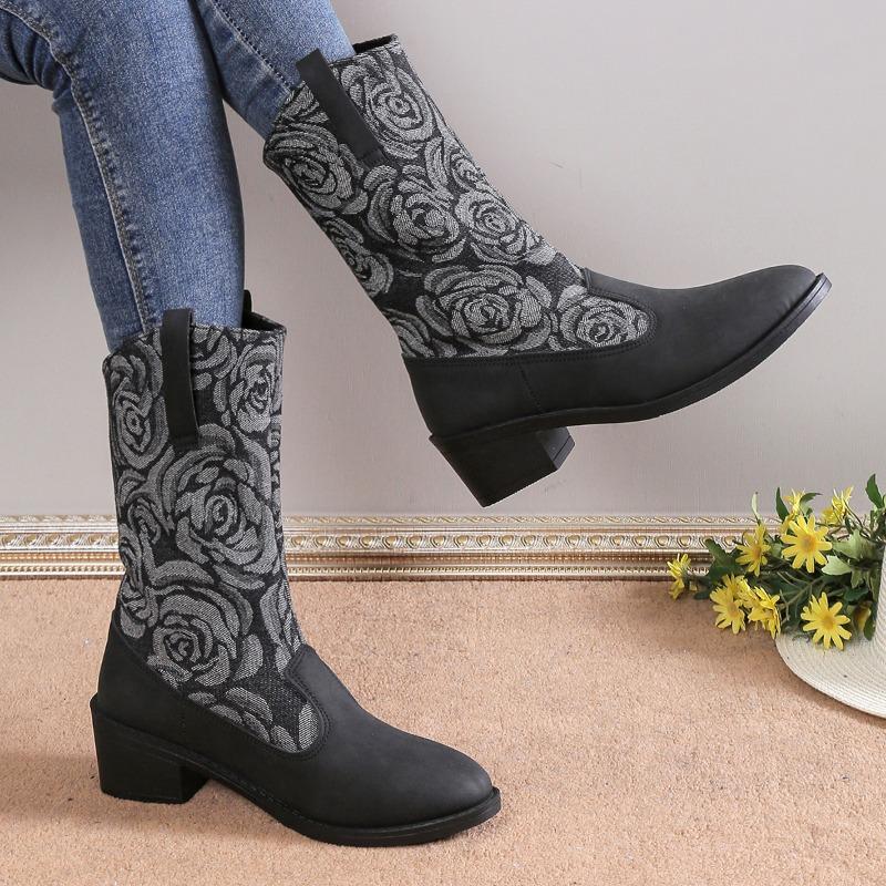 Large Size Retro Printed Women's Boots, Autumn and Winter New Fashionable Splicing Thick Heel Knight Boots Fashion Boots
