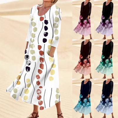 Summer Dress For Women Casual Printed Comfortable Fashion Printed 3/4 Length Sleeve Pocket Dress