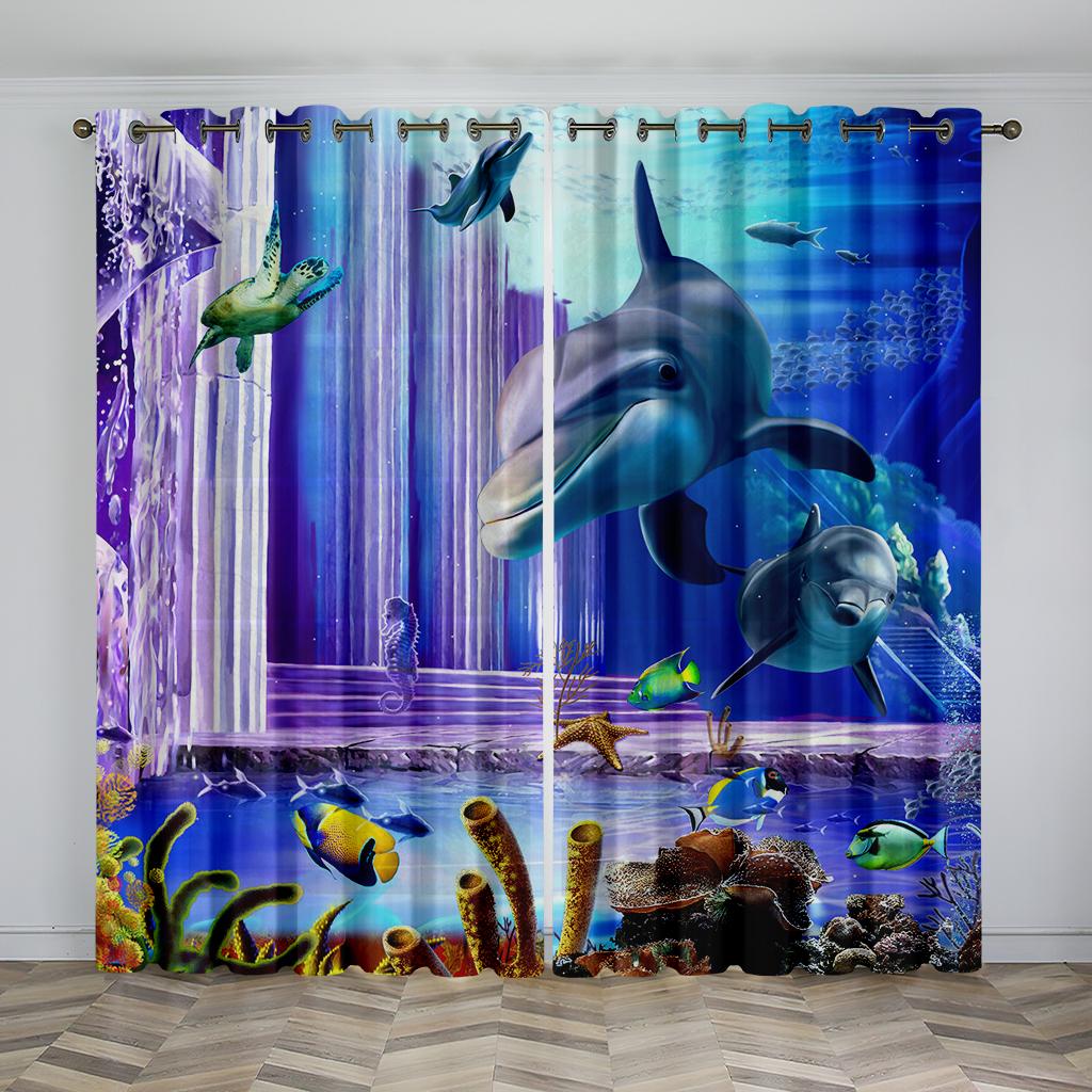 Vorhänge im nautischen Stil mit Delfinmotiv, ein Set aus zwei Paneelen, mit Unterwasserlandschaft mit Delfinen und kleinen Meerestieren Dekoration 50W60H(CM)X2PCS&Grommet Top
