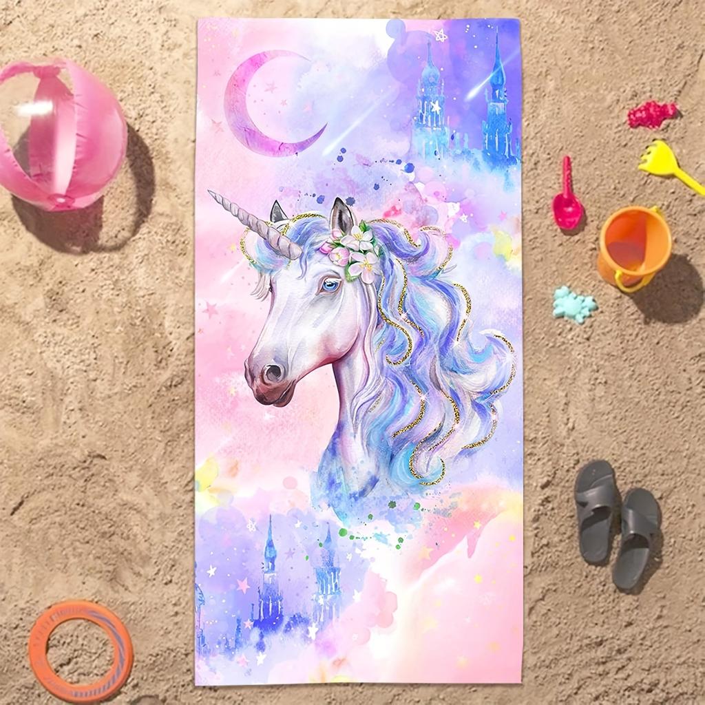 Magic Unicorn Beach Towel flat print Watercolor Fantasy Castle Bath Towels for Women Girls Pool Party Outdoor Travel Shawl