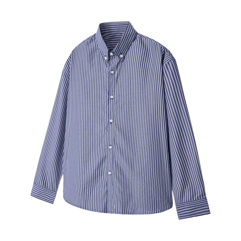 Blaexit American Miu Style Preppy Blue Striped Long-Sleeve Shirt for Men, Loose Casual Cleanfit Shirt