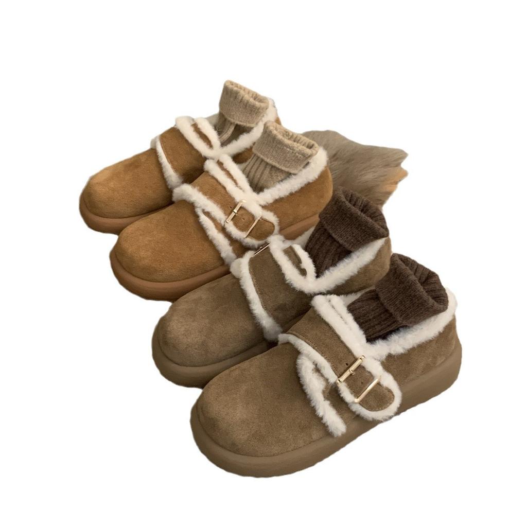 Thick-soled ugly cute big-headed shoes, women's velvet foreign-style retro one-pedal cotton shoes, fluffy shoes, women's winter wear loafers
