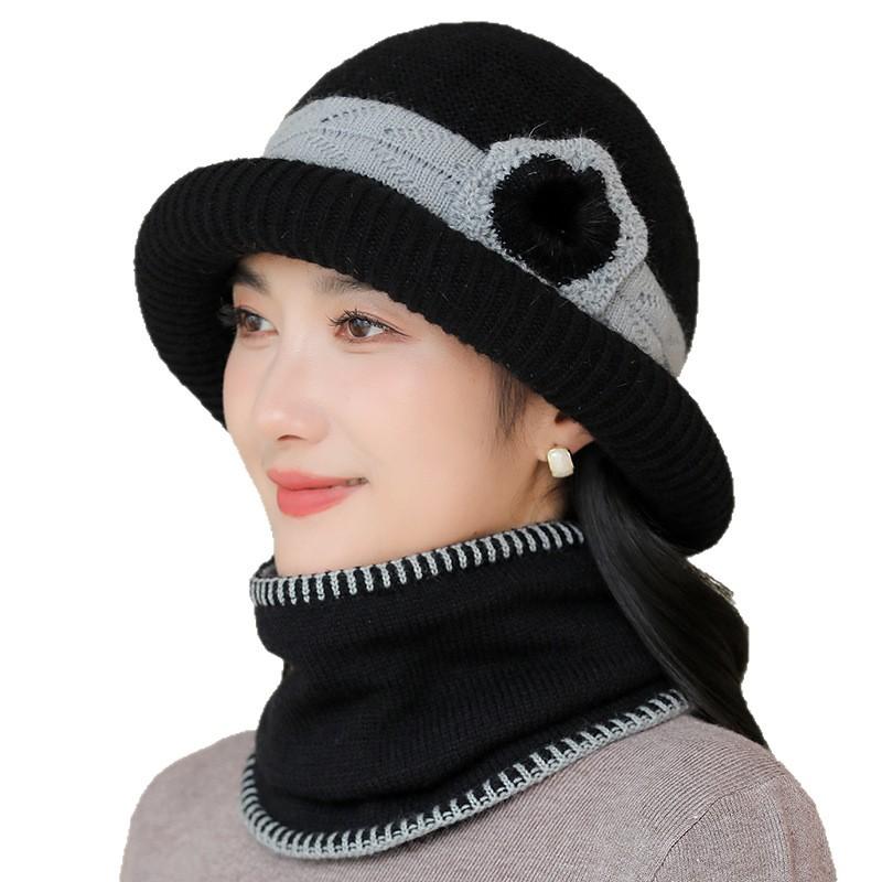 New Style Woolen Hat for Middle Aged and Elderly Women  Ear Protection  Warm Knitted Basin Hat  Stylish Rolled Brim Plus Velvet Granny Hat