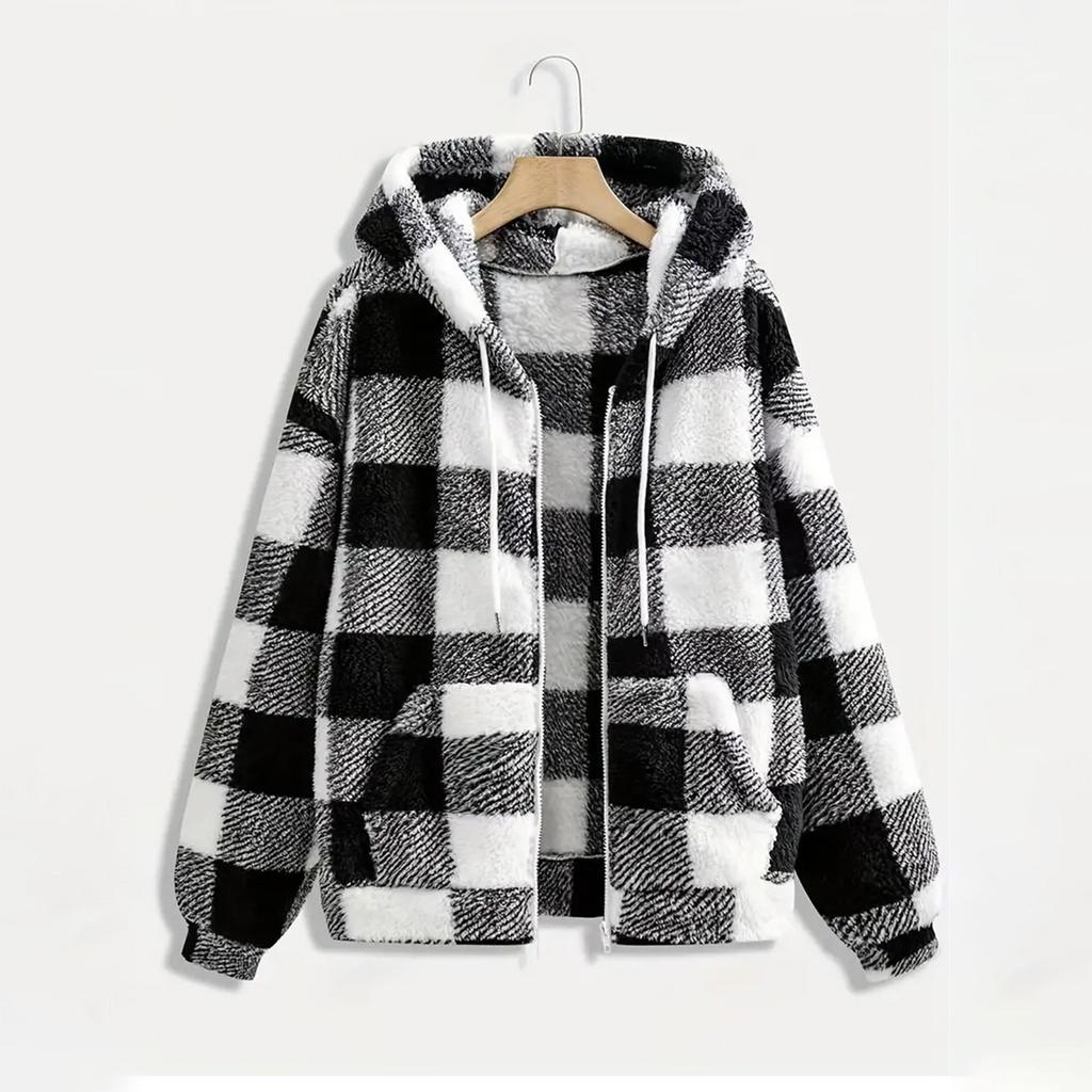 Women's Fashionable Plaid Long Sleeved Hooded Pocket Plush Casual Jacket Jacket