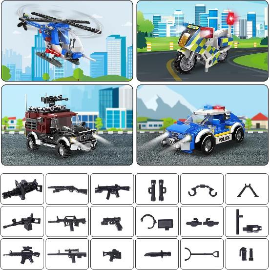 HOGOKIDS City Police Station Building Set - 1260 PCS Police Building Block Toys with Helicopter Motorcycle Police Vehicle Bandit Car, STEM Police
