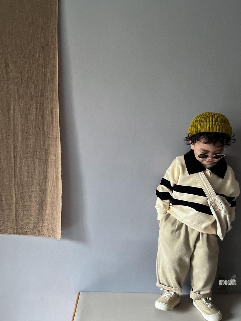 Mori Style Children's Knitted Sweater - Striped, Two-Button, Turn-Down Collar, Casual and Fashionable for Boys and Girls in Spring and Autumn.
