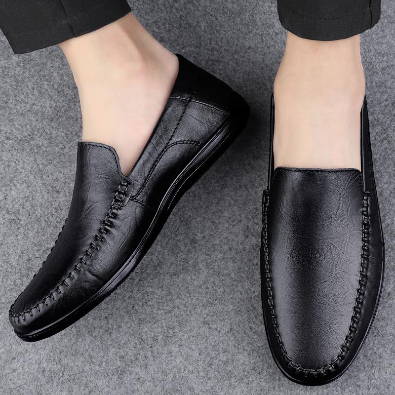 New 2024 Men Dress Shoes Genuine Leather Breathable Middle Aged Business Round Toe Wedding Footwear Male Flat