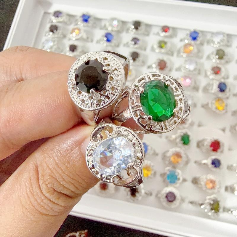Colorful crystal glass ring women's alloy finger ring vintage hollowed out ring